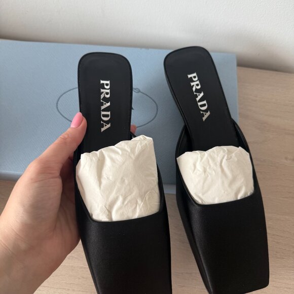 NWT Prada Slip-On Mules Black Satin Square Toe Leather Sole Triangle Heels Sz 36 - Picture 8 of 12